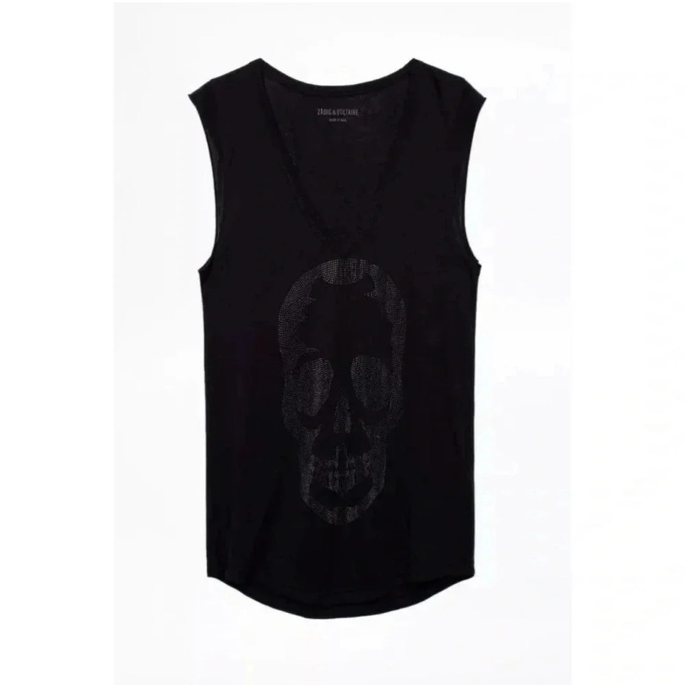 52 NWOT Zadig & Voltaire Skull V Neck Tee Size Medium Color Black